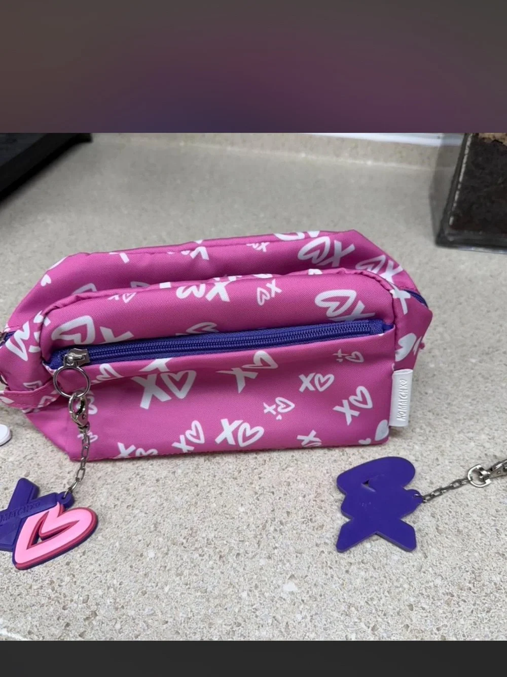 No match make up bags ,Xo Pattern White Cosmetic Pouch with Pink & Purple Charm